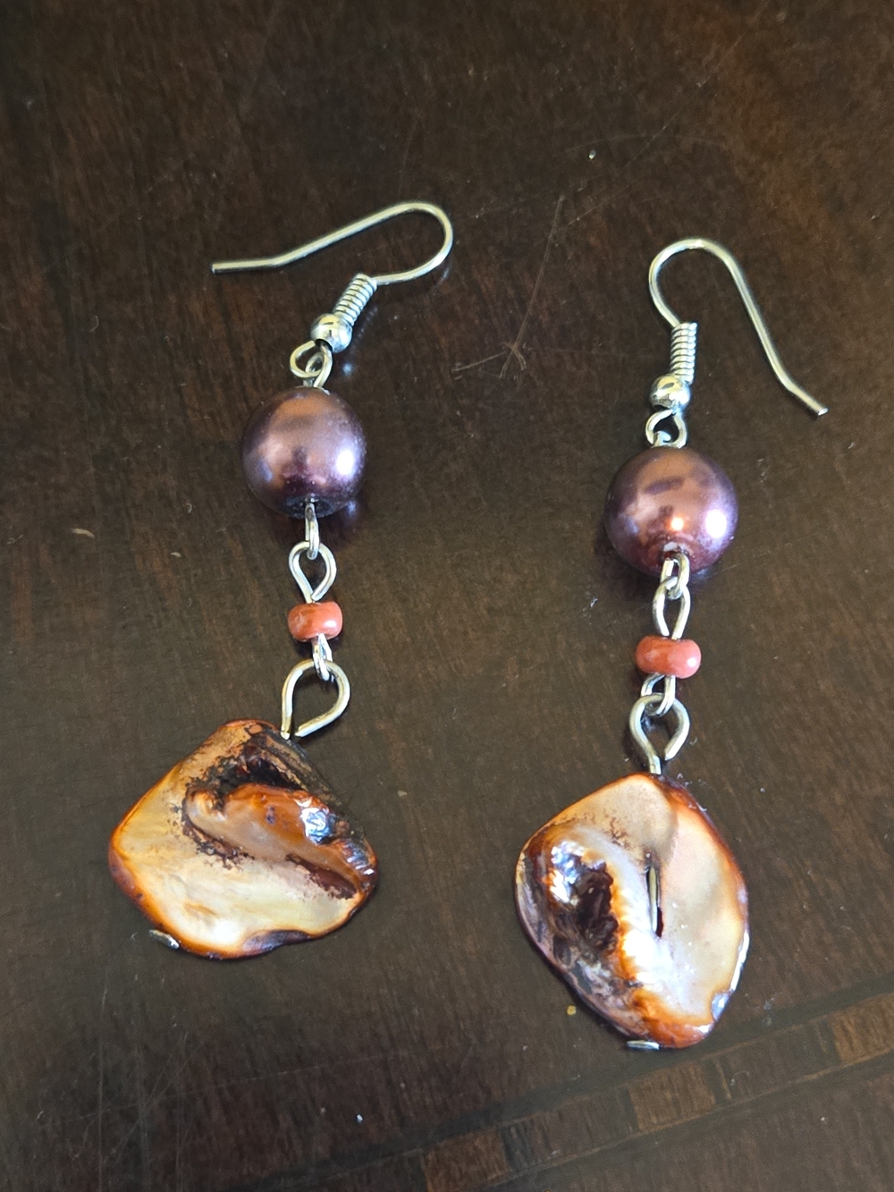 Brown Shell Drop Earrings with Purple Pearl Accents